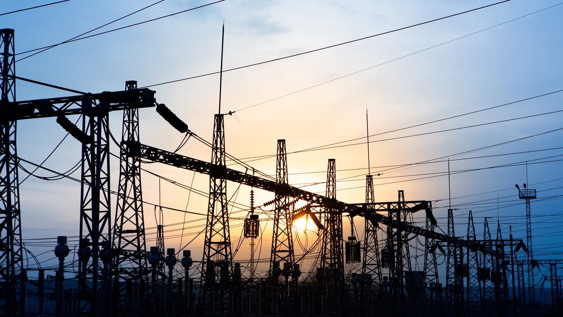 Electrical distribution substation with power lines and transformers
